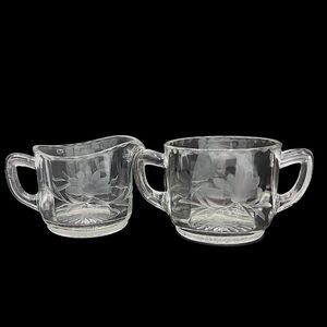 Vintage Antique Etched Flower Clear Paneled Pressed Glass Open Sugar Creamer Set